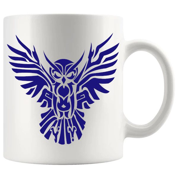 Blue tribal owl mug with cool-toned artistic bird artwork