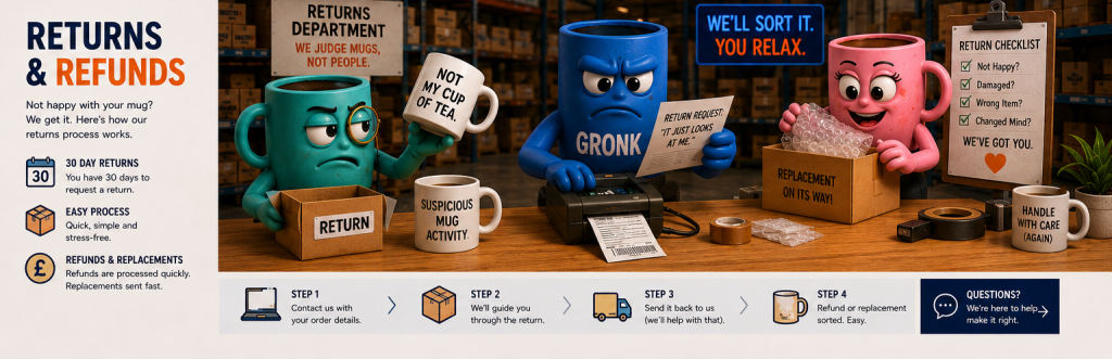 MuggerMe customer support and returns team inspecting replacement and returned mug orders