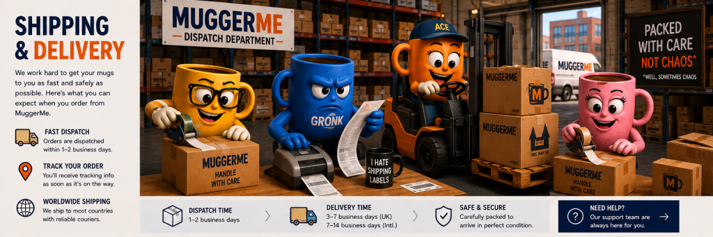 MuggerMe warehouse team packing and dispatching novelty mug orders for UK delivery
