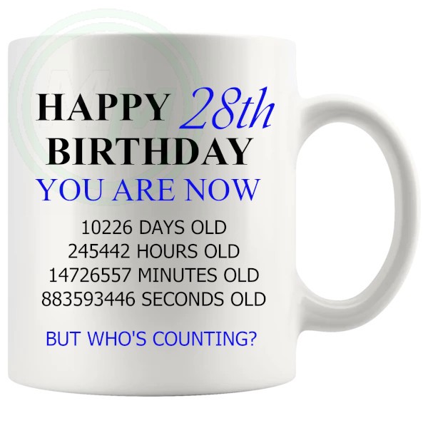 28th birthday gift mug with blue lettering