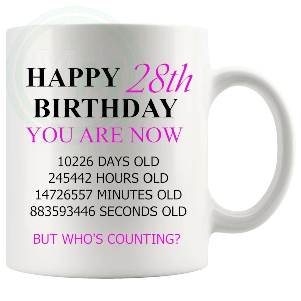 28th birthday mug with pink lettering ceramic gift