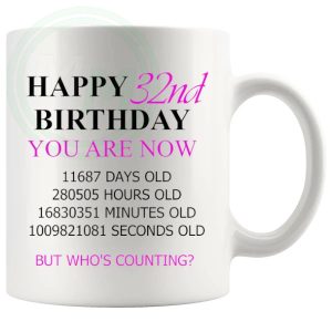 32nd Birthday Novelty Gift Mug Pink Lettering