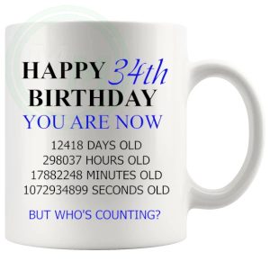 34th Birthday Novelty Gift Mug Blue Lettering