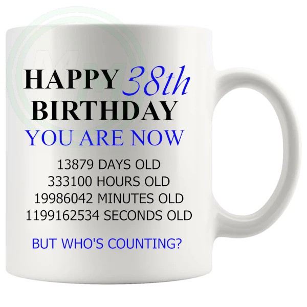 38th birthday gift mug with blue lettering