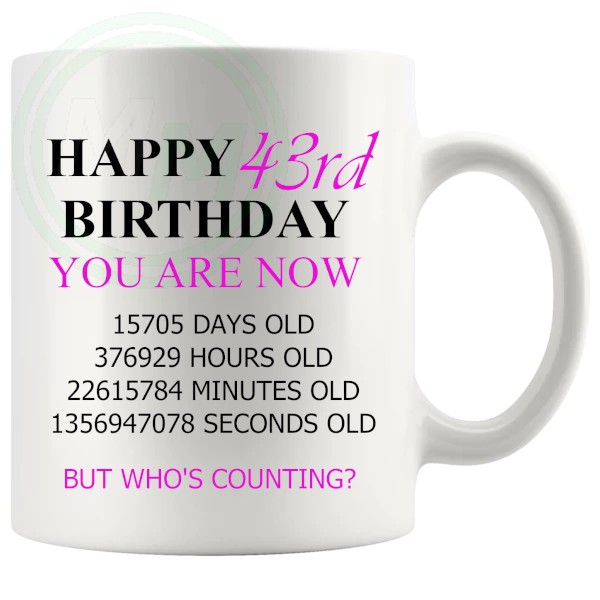 43rd birthday gift mug with pink lettering