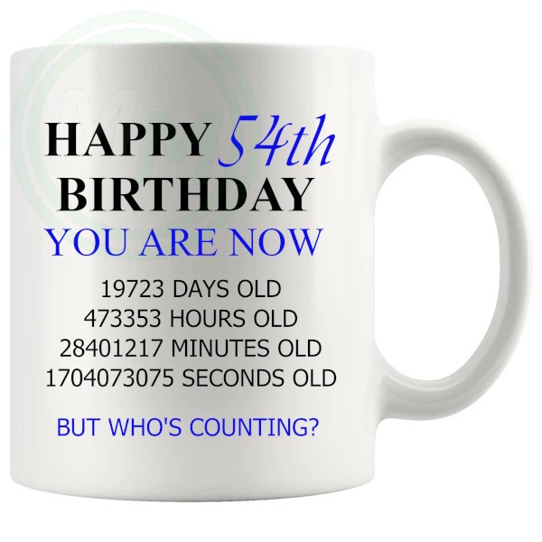 54th birthday gift mug with blue lettering