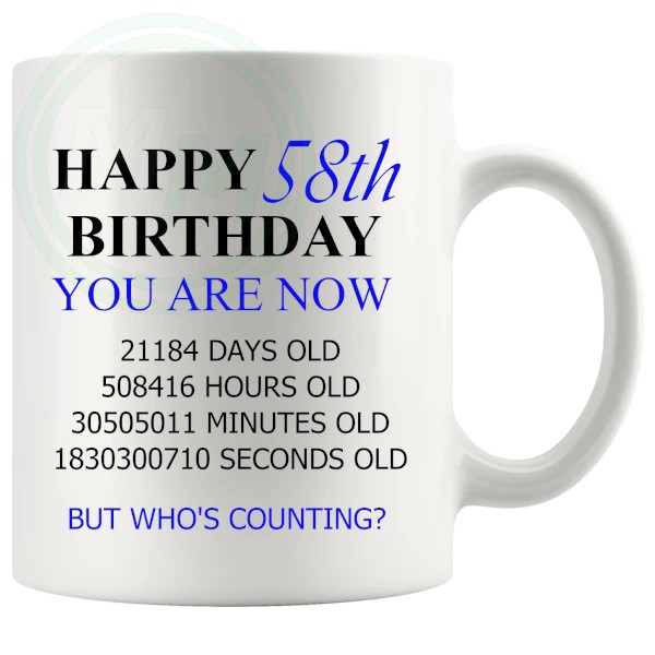 58th birthday gift mug with blue lettering