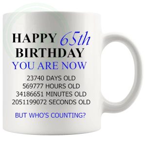 65th Birthday Novelty Gift Mug Blue Lettering