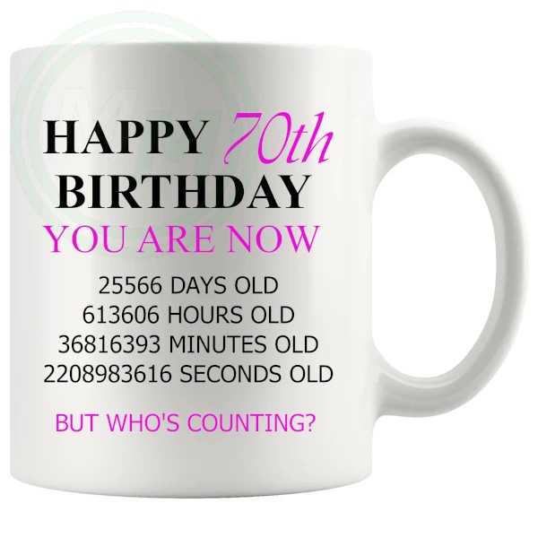 70th birthday gift mug with pink lettering