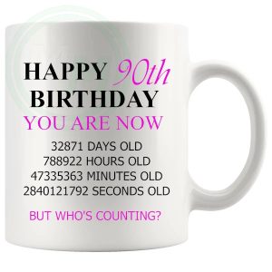 90th Birthday Novelty Gift Mug Pink Lettering