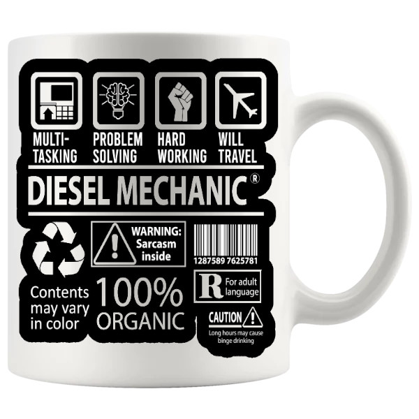 Diesel Mechanic Mug showing a diesel mechanic novelty design for a funny mechanic gift