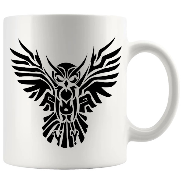 Black tribal owl mug with bold artistic bird design