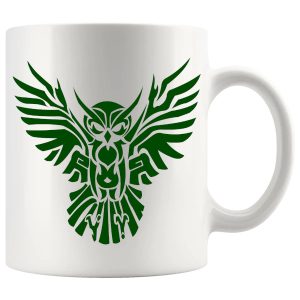 Green tribal owl mug with nature-inspired bird design