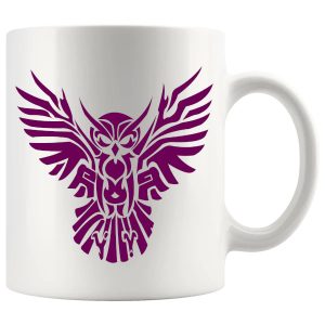 Dark pink tribal owl mug with artistic bird design
