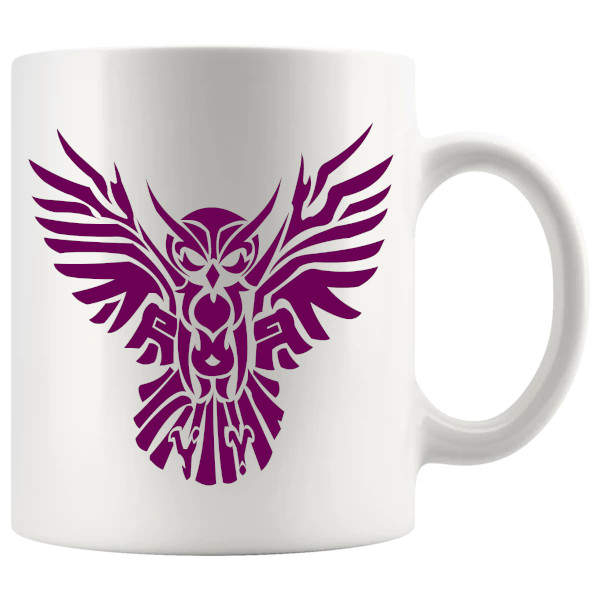 Dark pink tribal owl mug with artistic bird design