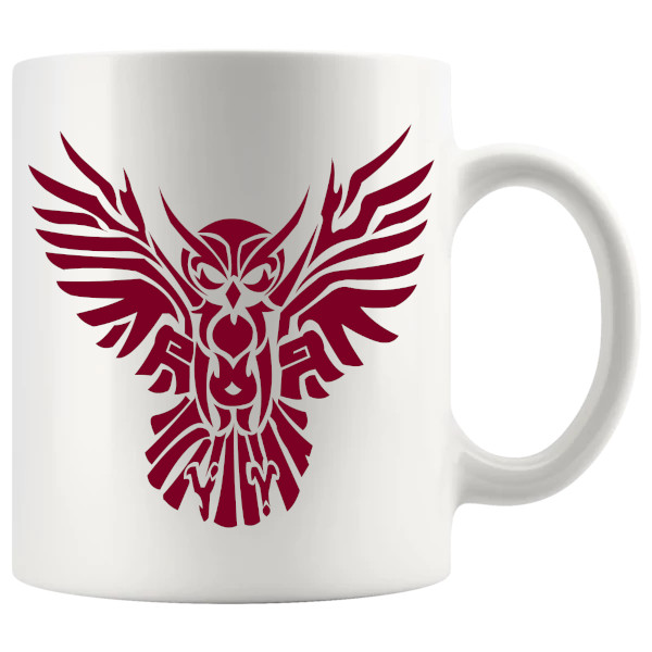 Red tribal owl mug with artistic bird design
